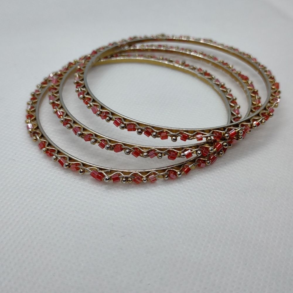 Gold Tone & Red‎ Bead Bangles Set of 3